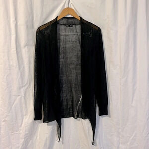 Eileen Fisher Petite Open Knit Draped Long Sleeve Black Cardigan